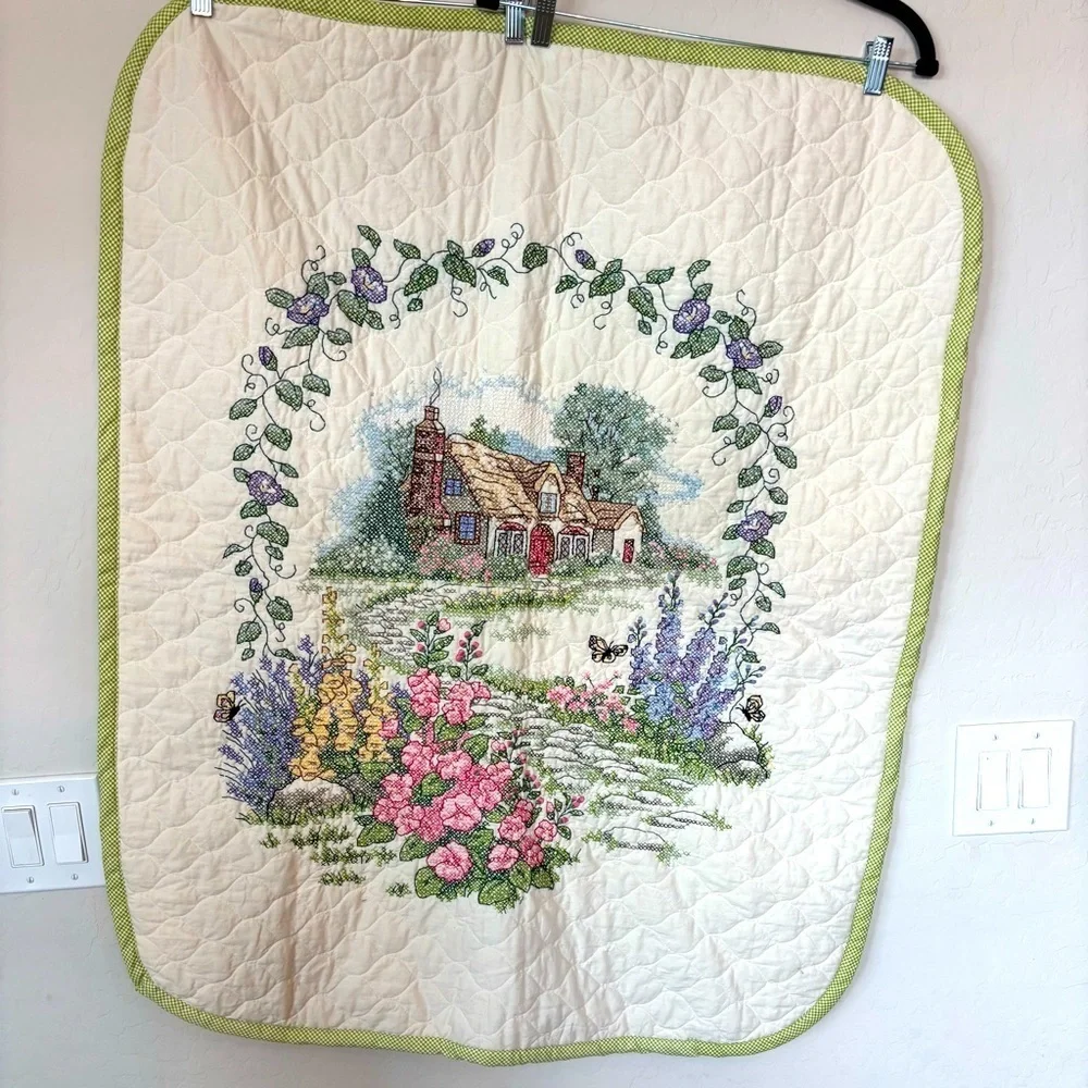 Hand Cross Stitched Holly Hock Cottage Lap Quilt 40x32
